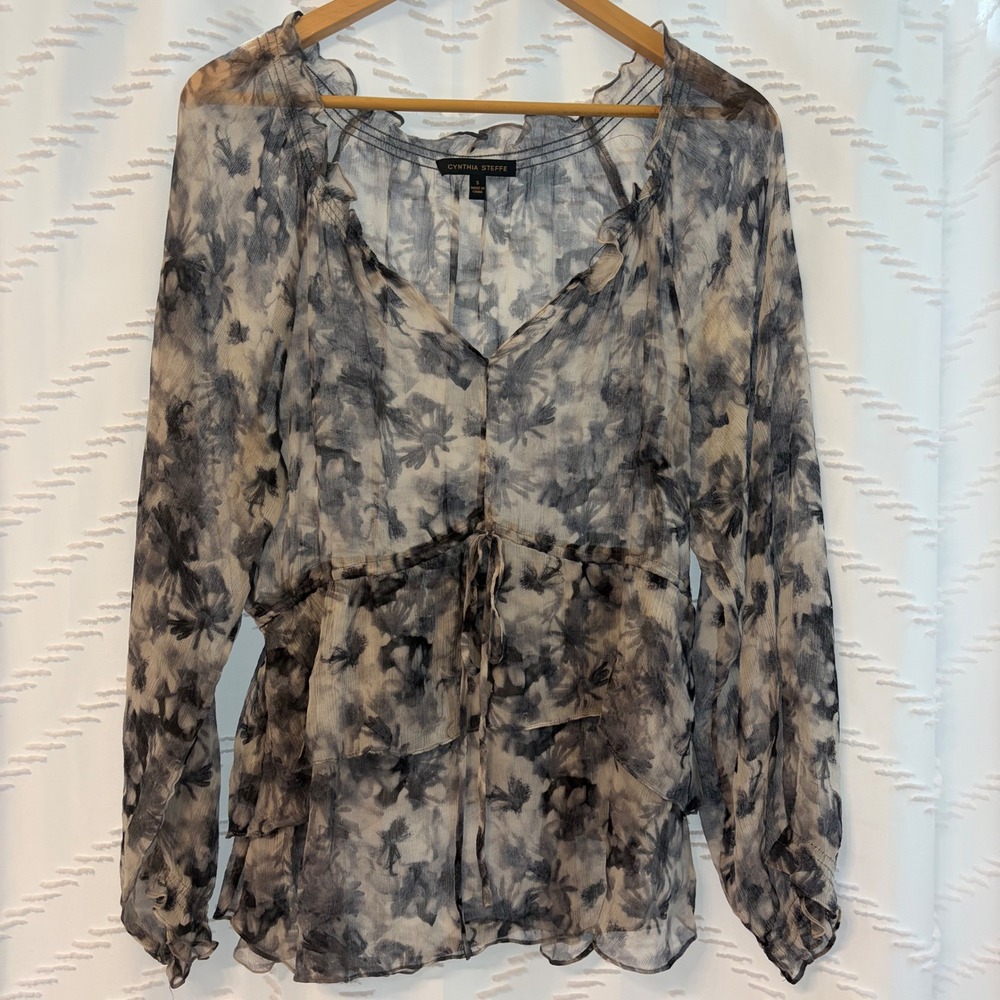 Cynthia Steffe Womens 100% Silk Sheer Floral Ruffle Peplum Blouse Grey Small